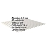 Wellblech Aluminium 0,70 mm, Weißaluminium RAL 9006, mit eingeblendeten Eckdaten und Garantiehinweis