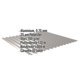 Wellblech 18/1064 Graualuminium mit eingeblendeten Eckdaten zu Material, Staerke, Beschichtung und Garantie