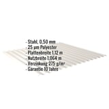 Wellblech 18/1064, Stahl 0,50 mm, Grauweiß, mit eingeblendeten Eckdaten zu Material, Beschichtung und Maßen