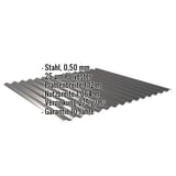 Wellblech 18/1064 Tiefschwarz, Stahl 0,50 mm, mit Polyesterbeschichtung und eingeblendeten Eckdaten