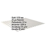 Wellblech 18/1064 aus Stahl 0,50 mm, Weißaluminium, mit eingeblendeten Eckdaten