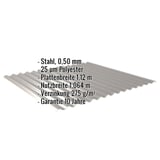Wellblech 18/1064 Graualuminium mit eingeblendeten Eckdaten: Stahl 0,50 mm, 25 µm Polyester, Plattenbreite, Nutzbreite