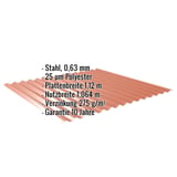 Wellblech 18/1064, kupferbraun, mit eingeblendeten Eckdaten zu Material, Staerke, Beschichtung und Garantie
