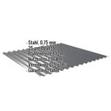 Wellblech 18/1064 anthrazitgrau, 0,75 mm Stahl, mit eingeblendeten Eckdaten und Garantiehinweis