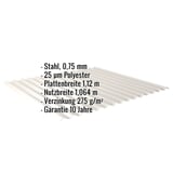 Wellblech Stahl 0,75 mm Grauweiß, Infografik mit Eckdaten zu Material, Beschichtung, Breite und Garantie