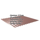 Wellblech 18/1064 Aluminium 0,70 mm rotbraun, mit eingeblendeten Eckdaten zu Material, Staerke und Garantie