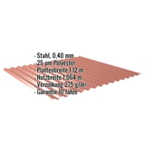 Wellblech 18/1064, kupferbraun, mit eingeblendeten technischen Daten wie Material, Staerke und Beschichtung