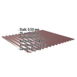 Wellblech 18/1064 Weinrot RAL 3005, Stahl 0,50 mm, Polyester 25 µm, mit eingeblendeten Eckdaten