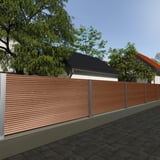 Wellblech 18/1064 Eiche als Zaunverkleidung im Aussenbereich, mit Baeumen und Haeusern im Hintergrund