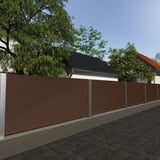 Wellblech 18/1064 sepiabraun als Sichtschutzzaun im Garten mit Baeumen und Haeusern im Hintergrund