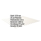 Wellblech 18/1064 Reinweiß (RAL 9010) mit eingeblendeten Eckdaten zu Material, Beschichtung und Garantie