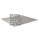 Wellblech 18/1064 Graualuminium, Infografik mit Eckdaten Stahl 0,50 mm, 25 µm Polyester, Plattenbreite, Nutzbreite,