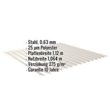 Wellblech 18/1064, Grauweiß RAL 9002, mit eingeblendeten Eckdaten zu Material, Staerke und Beschichtung