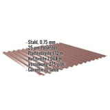 Wellblech 18/1064, Rotbraun RAL 8012, mit eingeblendeten technischen Daten wie Material und Stärke