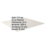Wellblech 18/1064, Grauweiß, Stahl 0,75 mm, 25 µm Polyester, mit eingeblendeten Eckdaten