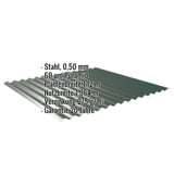 Wellblech 18/1064 Moosgrün (RAL 6005) mit eingeblendeten Eckdaten: Stahl, 0,50 mm, 60 µm Puramid