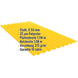 Wellblech PF25W Rapsgelb (RAL 1021) aus Stahl 0,50 mm mit Polyesterbeschichtung, Eckdaten eingeblendet