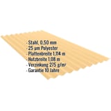 Wellblech PF25W aus sandgelbem Stahl, 0,50 mm, mit Polyesterbeschichtung, Eckdaten eingeblendet