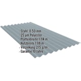 Wellblech PF25W Fehgrau mit eingeblendeten Eckdaten zu Material, Staerke und Beschichtung
