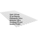 Wellblech PF25W Lichtgrau mit eingeblendeten Eckdaten zu Material, Staerke und Beschichtung