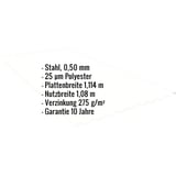 Infografik: Eckdaten Wellblech PF25W, Stahl 0,50 mm, 25 µm Polyester, Plattenbreite 1,114 m, Nutzbreite 1,08 m