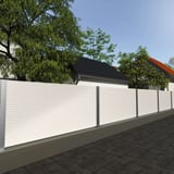 Anwendungsbeispiel: Zaun aus Wellblech PF25W in Reinweiß (RAL 9010) vor einem Wohnhaus