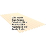 Wellblech PF25W Hellelfenbein, 0,75 mm Stahl, mit eingeblendeten Eckdaten zu Material und Massen