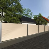 Wellblech PF25W Hellelfenbein als Zaunverkleidung in einem Garten mit Baeumen und Haeusern
