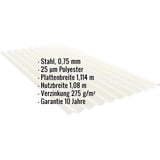 Wellblech PF25W Grauweiß, 0,75 mm Stahl, mit eingeblendeten Eckdaten zu Material und Garantie