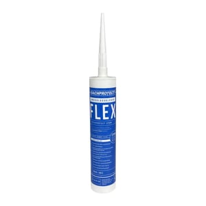 DACHPROTECT Anschlusskleber Flex, schwarzer Klebstoff in weisser Kartusche mit blauem Etikett, Hauptansicht