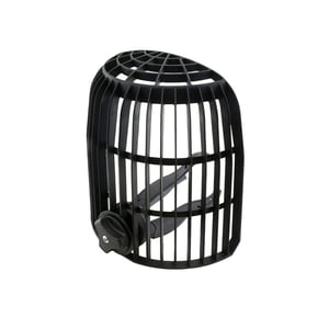 Attika Kiesfangkorb aus schwarzem PVC, Hauptansicht mit seitlicher Verstellschraube und Halteklammern
