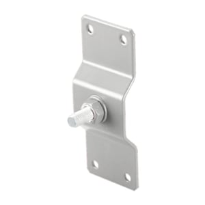 Blech für Fallrohrschelle aus weißaluminiumfarbenem Stahl, seitliche Ansicht mit Schraube und Mutter
