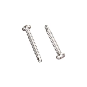 Edelstahlschrauben blank, zwei Schrauben mit Bohrspitze und Linsenkopf, eine mit Kreuzschlitz, die andere mit Torx-Antrieb
