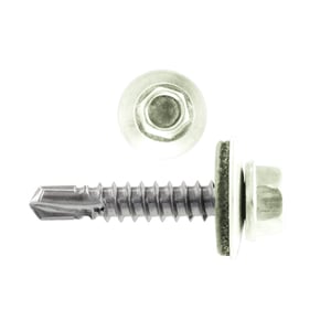 Edelstahlschraube Polmetal, RAL 9002 Grauweiß, mit Bohrspitze und Dichtscheibe, Seiten- und Draufsicht