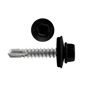 Edelstahlschraube Tiefsicke, Polmetal, tiefschwarz RAL 9005, mit Dichtscheibe und Bohrspitze