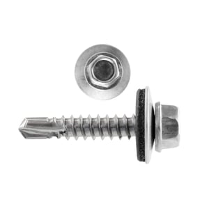 Edelstahlschraube, weißaluminium (RAL 9006), mit Sechskantkopf, Unterlegscheibe und Dichtung, Seitenansicht und Draufsicht
