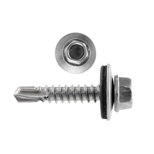 Edelstahlschraube Graualuminium RAL 9007 mit Sechskantkopf und Dichtung, Seitenansicht und Draufsicht
