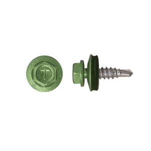 Edelstahlschraube Resedagrün RAL 6011 mit Sechskantkopf und Dichtung, Ansicht von oben und seitlich