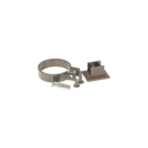 Plastmo Fallrohrschelle aus braunem PVC mit Schraube und Duebel, Einzelteile nebeneinander