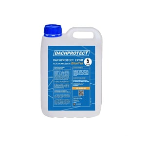 DACHPROTECT Flächenkleber BlueTek 5 Liter Kanister, weißer Klebstoff mit blauem Etikett und blauer Kappe, Infografik