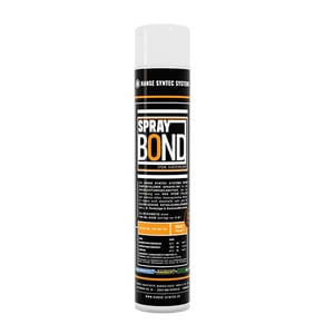 Flächenkleber Spraybond Dose, schwarz-weiß mit orangefarbenen Details und Produktinformationen