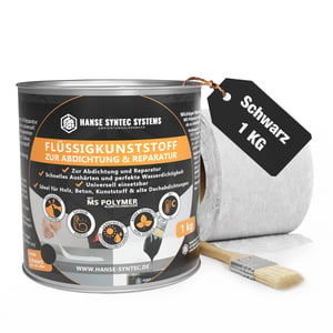 Flüssigkunststoff Set schwarz 1 kg Dose mit Pinsel und Dichtvlies, wichtige Eckdaten eingeblendet