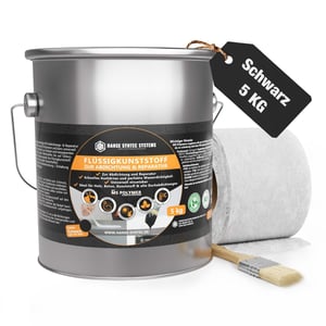 Flüssigkunststoff Set schwarz 5 kg mit Vliesrolle und Pinsel, wichtige Eckdaten eingeblendet