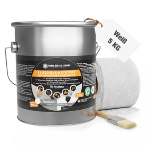 Weißes Flüssigkunststoff Set von DACHPROTECT, 5 kg Eimer, Vliesrolle und Pinsel, wichtige Eckdaten eingeblendet
