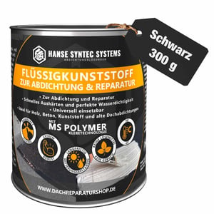 Dose Flüssigkunststoff schwarz 300g von Hanse Syntec Systems mit Produktinformationen und schwarzem Etikett