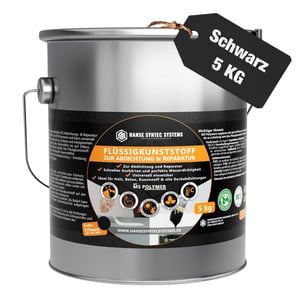 Flüssigkunststoff schwarz 5 kg Eimer von DACHPROTECT mit Produktinformationen und schwarzem Etikett