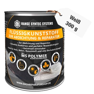 Weißer Flüssigkunststoff von Hanse Syntec Systems in Dose, mit eingeblendeten Eckdaten und Gewicht 300 g
