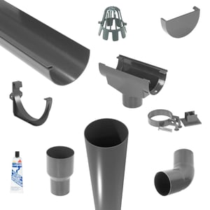 Plastmo PVC Dachrinnen Sparpaket Graphit, alle Einzelteile wie Rinne, Ablauf, Bogen, Halter und Zubehoer