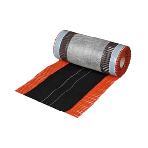 Lüftungsrollfirst Rolle 5,00 m, Textil ziegelrot, teilweise abgerollt, mit schwarzer Mittelfläche und orangefarbenen Seiten