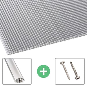 Polycarbonat Doppelstegplatte 10 mm klar, Hauptansicht mit Zubehoer wie Schrauben und Profil